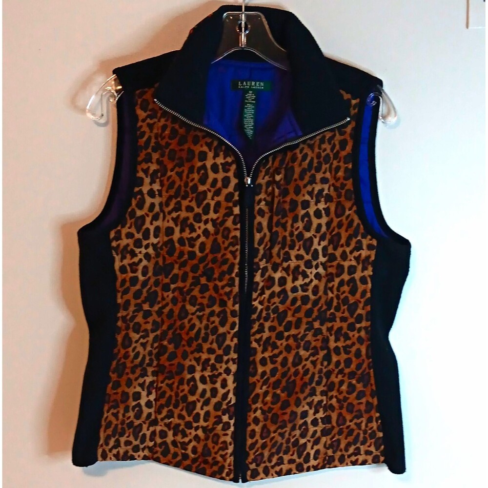 Lauren Ralph Lauren Leopard Print Full Zip Vest Sz M Womens Brown Black